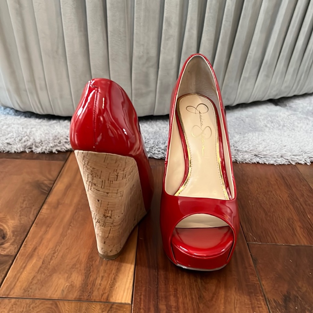 Red Patent Leather Open toe Wedges